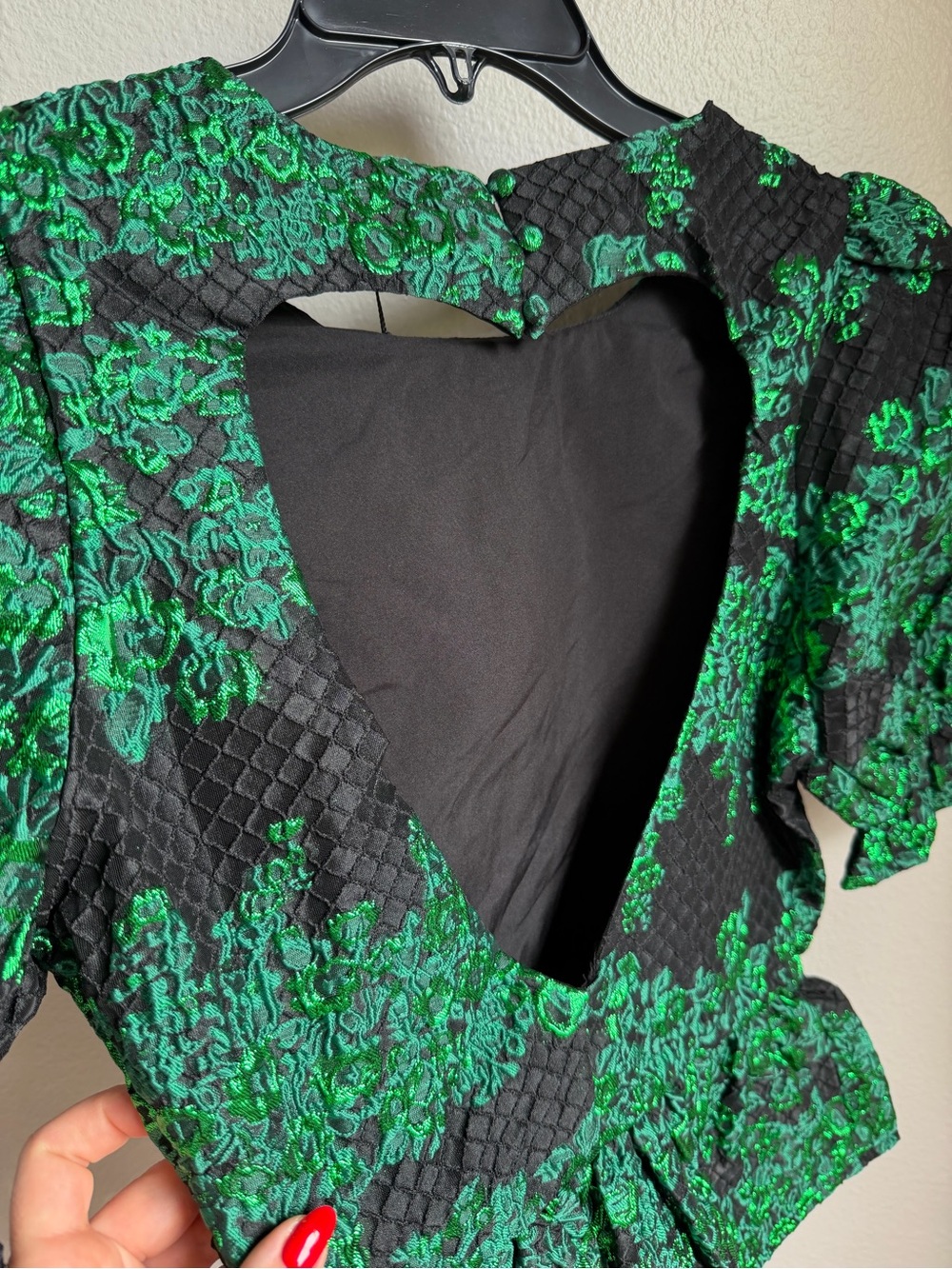 NWT Sugarlips Elyna Jacquard Green Black Puff Sleeve Peplum Blouse Sz S - Picture 12 of 13